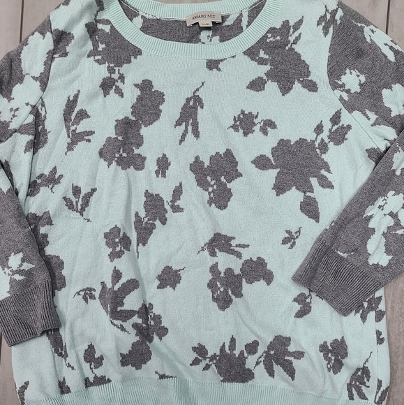 Tiffany Mint Gray Chic Floral Sweater Contrast Camo Art Cotton Wool Top Pullover - Picture 2 of 3